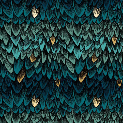 Moda Fabrics Fireglow Ruby Star Society Sarah Watts Smaug Dragon Scales Metallic Galaxy Green fabric pattern, featuring a detailed and vibrant dragon scale design in shades of green, blue, and gold with metallic accents.