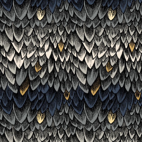 Moda Fabrics Fireglow Ruby Star Society Sarah Watts Smaug Dragon Scales Metallic Smoke Grey, fabric pattern featuring dragon scale design in metallic smoke grey, white, dark grey, black, and gold accents.