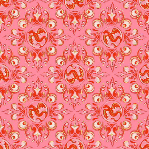 Moda Fabrics Fireglow Ruby Star Society Sarah Watts Dragon Emblem Metallic Dark Ruby Red, fabric pattern featuring a repeating ornate design with dragons within a circular motif on a pink background.