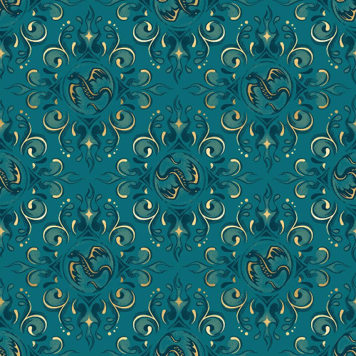 Moda Fabrics Fireglow Ruby Star Society Sarah Watts Dragon Emblem Metallic Galaxy Turquoise, a detailed fabric pattern featuring dragons and ornate designs in metallic turquoise and gold on a deep turquoise background.