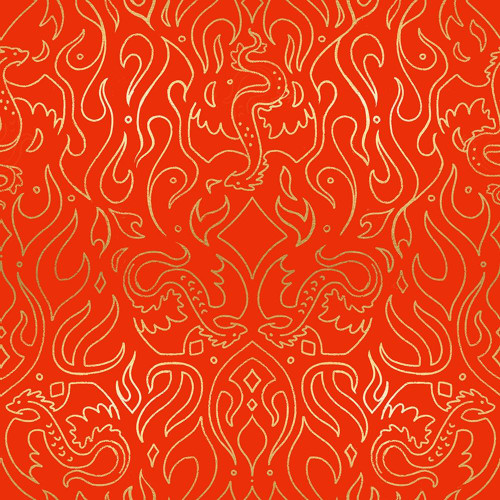 Moda Fabrics Fireglow Ruby Star Society Sarah Watts Dragon Emblem Metallic Dark Ruby Red, intricate gold dragon and abstract patterns on a dark ruby red background with metallic accents.