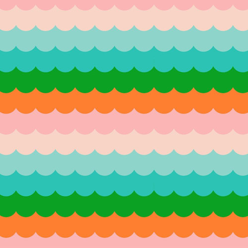 Moda Fabrics Poolside Too Ruby Star Society Retro Umbrella Scallops Verdant Aqua, colorful scalloped pattern fabric in shades of pink, blue, green, and orange.