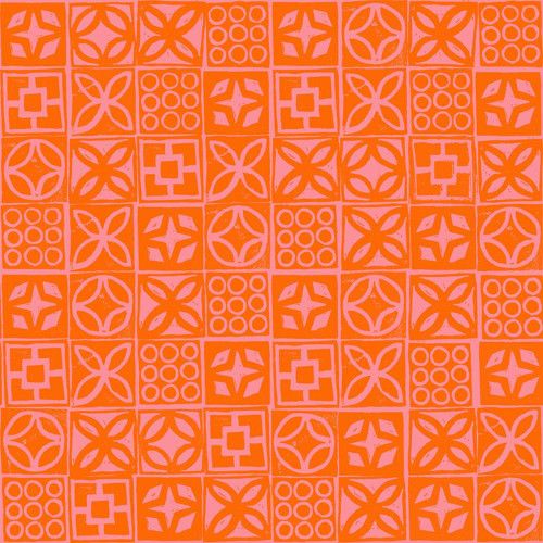 Moda Fabrics Poolside Too Ruby Star Society Geometric Architectural Blocks Goldfish Orange, colorful geometric tile pattern in orange and pink shades.