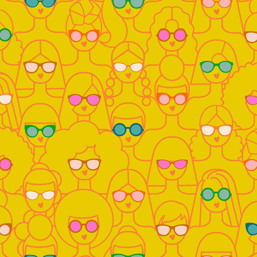 Moda Fabrics Poolside Too Ruby Star Society Shine Girl, Shine Golden Hour Yellow featuring a pattern of illustrated women with sunglasses and cheerful expressions on a yellow background.