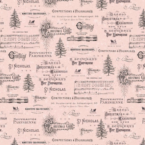 Blank Quilting Fabrics Christmas Magic Frank Garcia Christmas Typography Pink, pink background with vintage Christmas-themed text and illustrations.