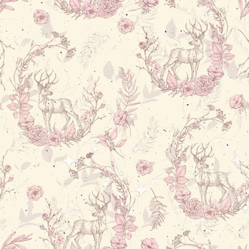Blank Quilting Fabrics Christmas Magic Frank Garcia Deer Ivory, fabric featuring a soft ivory background with illustrations of deer, pink flowers, and foliage with sparkles.