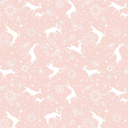Blank Quilting Fabrics Christmas Magic Frank Garcia Deer Silhouettes Pink, Christmas-themed fabric with white reindeer silhouettes, snowflakes, and winter elements on a pink background.