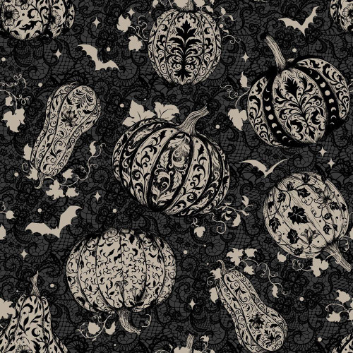 Blank Quilting Fabrics Darkly Enchanted Episodic Drawing Damask Pumpkins with Bats Charcoal, black and beige Halloween-themed fabric with intricate pumpkin and bat patterns.