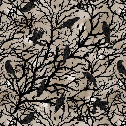 Blank Quilting Fabrics Darkly Enchanted Episodic Drawing Crows in Tree Silhouette Taupe