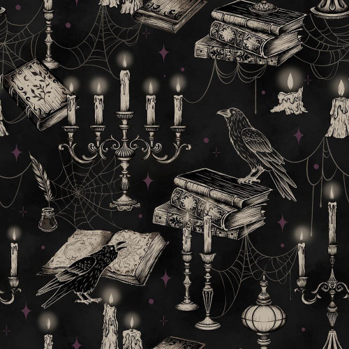 Blank Quilting Fabrics Darkly Enchanted Episodic Drawing Candelabras with Books and Crows Black, featuring gothic-style illustrations of candelabras, crows, books, candles, spider webs, and dark, mystical elements on a black background.