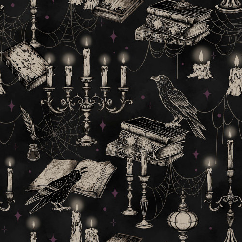 Blank Quilting Fabrics Darkly Enchanted Episodic Drawing Candelabras with Books and Crows Black
