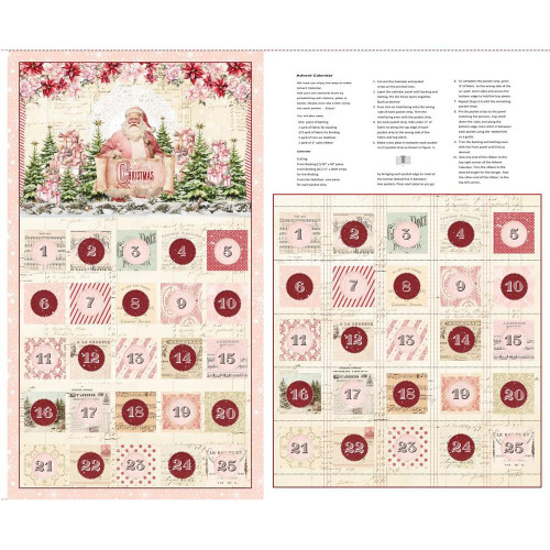 Blank Quilting Fabrics Christmas Magic Frank Garcia Advent Calendar Panel Ivory, decorated with Christmas-themed illustrations and numbered pockets for countdown to Christmas.