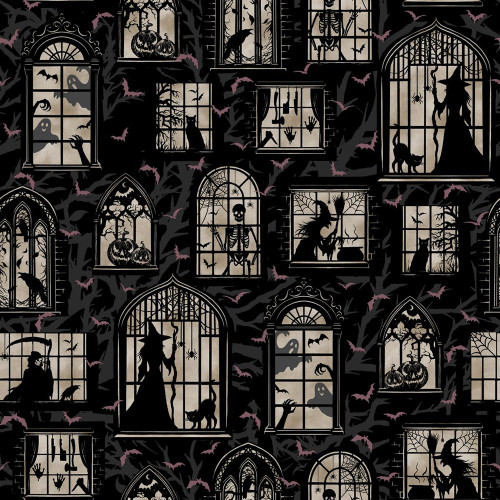 Blank Quilting Fabrics Darkly Enchanted Episodic Drawing Haunted Mansion Spooky Silhouettes Black