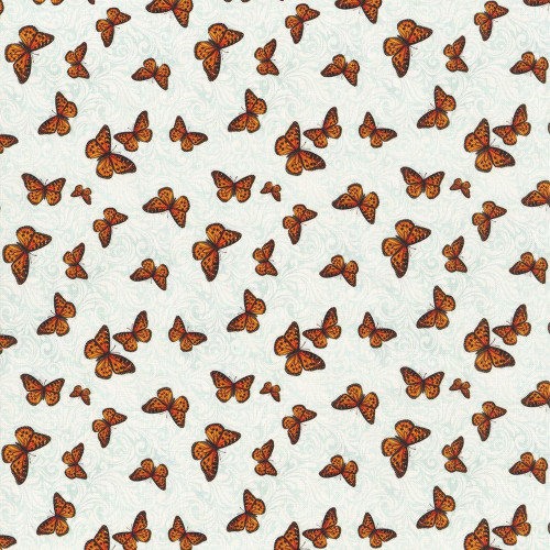 Blank Quilting Fabrics Florinda Francesco Moretti Butterflies Sky Blue, fabric with orange and black butterflies on a sky blue background.