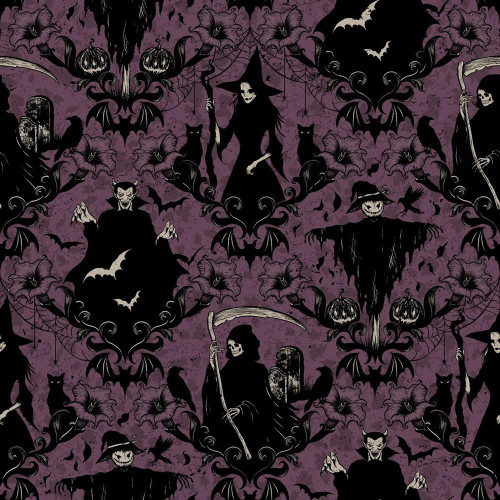 Blank Quilting Fabrics Darkly Enchanted Episodic Drawing Witch Scarecrow Reaper Damask Plum, gothic witch and scarecrow themed fabric with spooky figures, bats, crows, and floral patterns on a dark purple background.