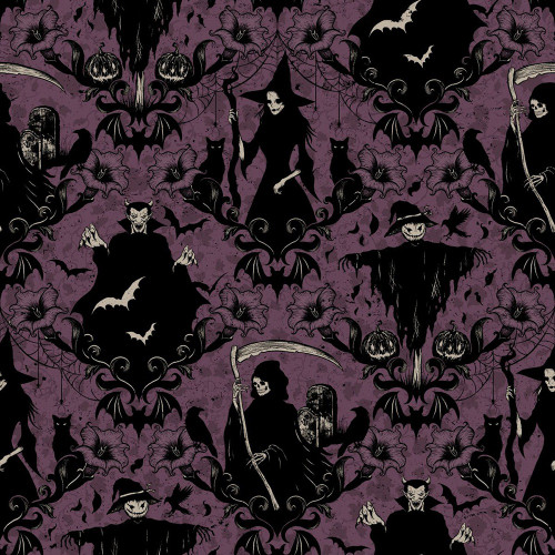 Blank Quilting Fabrics Darkly Enchanted Episodic Drawing Witch Scarecrow Reaper Damask Plum