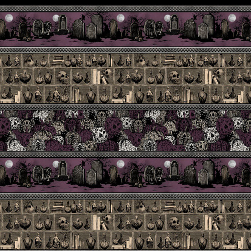Blank Quilting Fabrics Darkly Enchanted Episodic Drawing Pumpkins Graves Poitions Stripe Plum