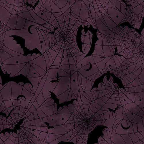 Blank Quilting Fabrics Darkly Enchanted Episodic Drawing Spiderweb with Bats Plum, spooky purple fabric featuring black spiderwebs, bats, and crescent moons design.