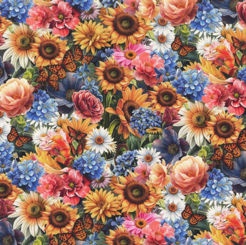 Blank Quilting Fabrics Florinda Francesco Moretti Small Floral Multi, vibrant floral print fabric with colorful sunflowers, daisies, roses, blue hydrangeas, and orange butterflies.