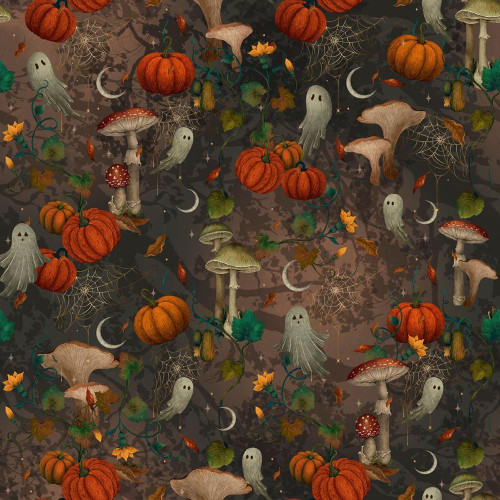 Blank Quilting Fabrics Harvest Haunt Episodic Drawing Mushrooms and Ghosts Charcoal, a Halloween-themed fabric with pumpkins, ghosts, mushrooms, cobwebs, and fall leaves on a dark background.