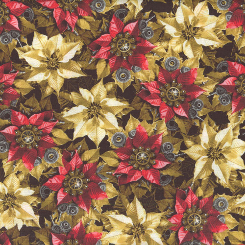 Blank Quilting Fabrics Gears and Garland Urban Essence Designs Steampunk Poinsettias Red