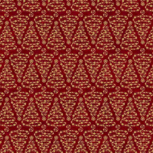 Blank Quilting Fabrics Gears and Garland Urban Essence Designs Steampunk Christmas Trees Red, festive fabric with steampunk-inspired Christmas trees decorated with gears and gears patterns on a red background.
