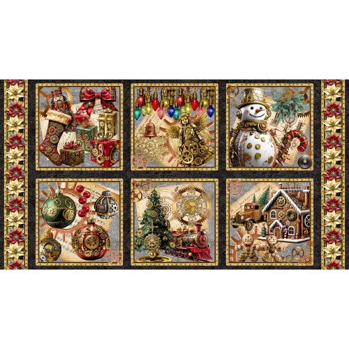 Blank Quilting Fabrics Gears and Garland Urban Essence Designs Steampunk Christmas Blocks Black Panel
