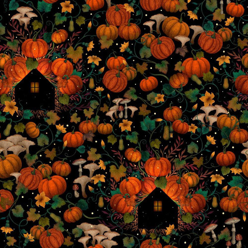 Blank Quilting Fabrics Harvest Haunt Episodic Drawing Pumpkin House Silhouettes Black, a fabric design featuring pumpkins, pumpkins, mushrooms, leaves, and silhouettes of pumpkin houses on a black background, perfect for Halloween and fall quilting projects.