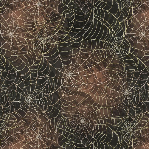 Blank Quilting Fabrics Harvest Haunt Episodic Drawing Spider Web with Shadows Charcoal, a spooky fabric design featuring intricate web patterns with shadows on a dark background.