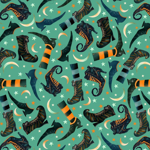 Blank Quilting Fabrics Witchy Wicked Rose Halsey Witch Boots and Moons Turquoise, Halloween-themed fabric pattern featuring witch boots, moon phases, stars, and bats in turquoise, black, orange, and cream colors.
