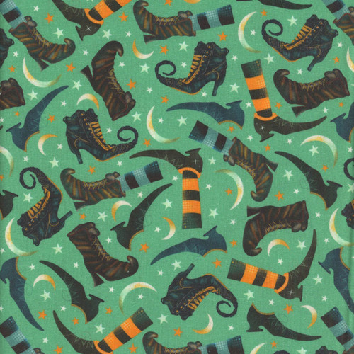 Blank Quilting Fabrics Witchy Wicked Rose Halsey Witch Boots and Moons Turquoise