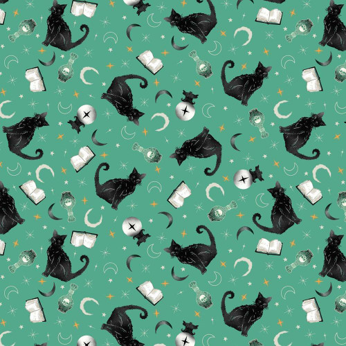 Blank Quilting Fabrics Witchy Wicked Rose Halsey Black cats, Crystal Balls, Potions Turquoise, fabric pattern with black cats, crystal balls, open books, potion bottles, moons, and stars on a turquoise background.