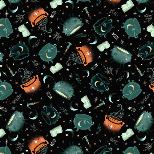 Blank Quilting Fabrics Witchy Wicked Rose Halsey Cauldrons, Potion Books, and Candles Black - Pattern featuring witches' cauldrons, potion bottles, spell books, candles, and mystical stars on a black background.