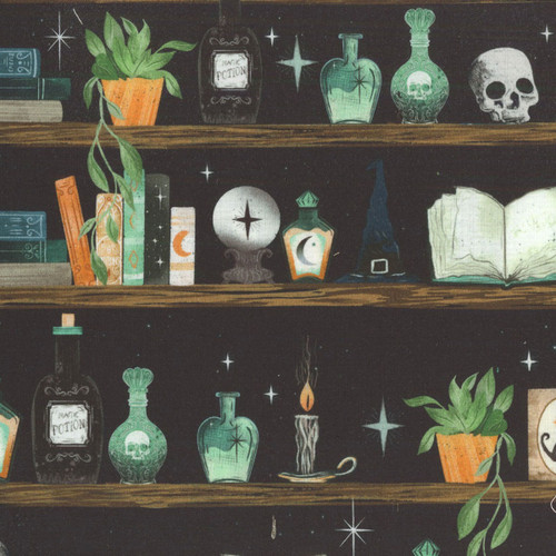 Blank Quilting Fabrics Witchy Wicked Rose Halsey Shelves of Potion Bottles and Crystal Balls Black