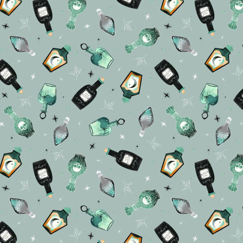 Blank Quilting Fabrics Witchy Wicked Rose Halsey Potion Bottles Dusty Blue, seamless pattern with potion bottles, jars, and mystical elements on a dusty blue background.