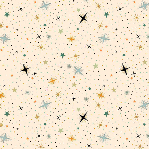Blank Quilting Fabrics Witchy Wicked Rose Halsey Stars Cream, starry pattern with various sizes of stars and dots in black, gold, teal, and cream colors.
