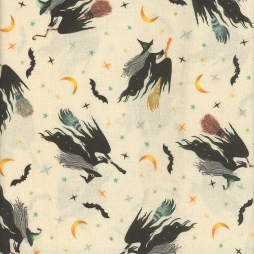 Blank Quilting Fabrics Witchy Wicked Rose Halsey Witches Flying on Broomsticks Cream