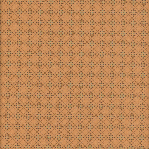 Henry Glass Fabrics Harvest Thyme Kim Diehl Waffle Weave Pumpkin, orange patterned fabric with small teal, brown, and black geometric motifs perfect for fall quilting and sewing projects.