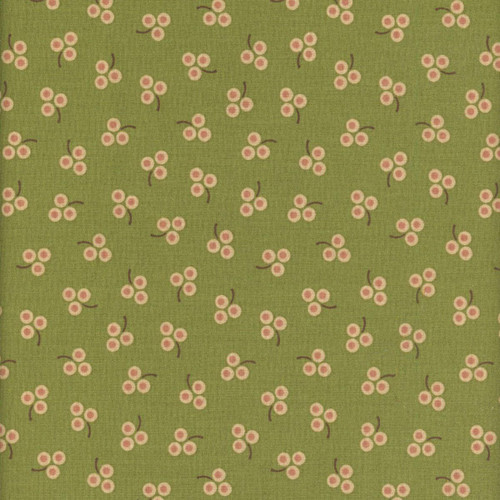 Henry Glass Fabrics Harvest Thyme Kim Diehl Berry Bliss Sage Green fabric with small pink and white cherries on a green background.