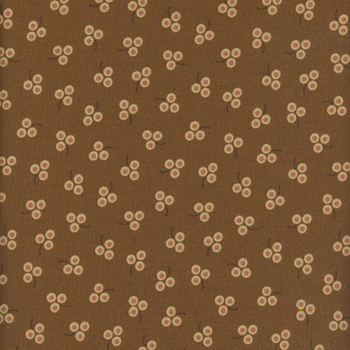 Henry Glass Fabrics Harvest Thyme Kim Diehl Berry Bliss Pecan, fabric with a brown background and a pattern of small cream-colored berries with dark stems.