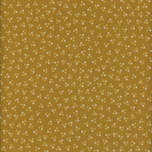 Henry Glass Fabrics Harvest Thyme Kim Diehl Mustard Seeds Mustard, fabric with a mustard yellow background and small white and beige dots pattern.