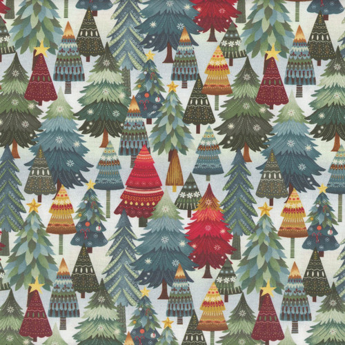 Henry Glass Fabrics Nordic Holiday Village MaryJane Carey Stacked Trees Ice Blue Multi