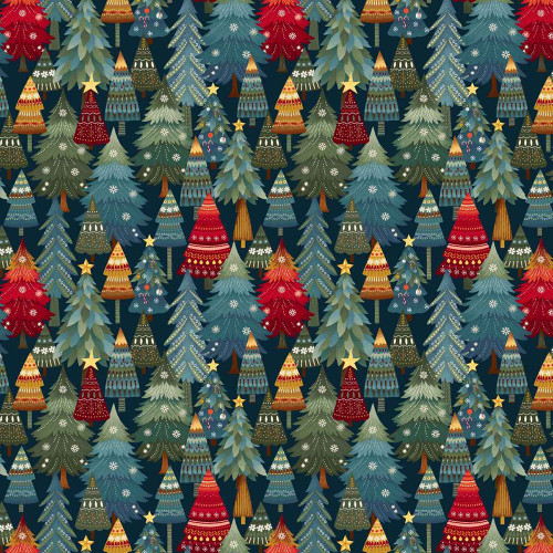 Henry Glass Fabrics Nordic Holiday Village MaryJane Carey Stacked Trees Dark Blue