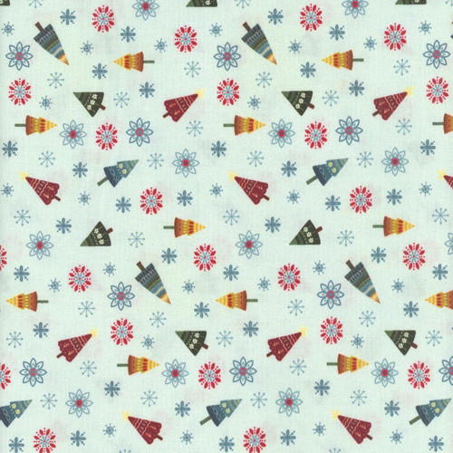 Henry Glass Fabrics Nordic Holiday Village MaryJane Carey Tossed Tress Ice Blue Multi