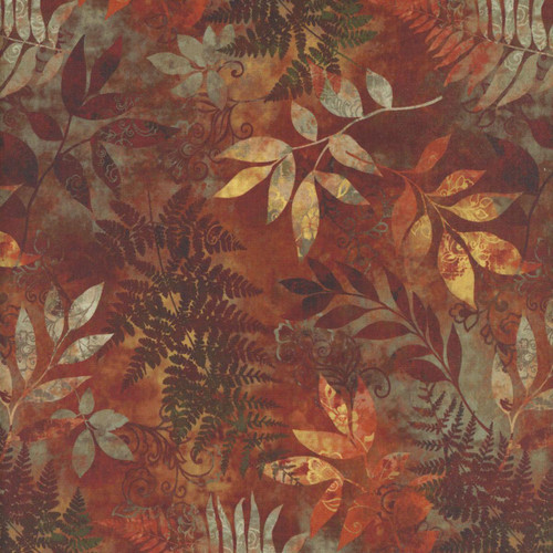 Henry Glass Fabrics Oak and Berries Jan Mott Mixed Media Leaves Autumn, fabric with a detailed autumn-themed pattern of leaves and ferns in warm fall colors.
