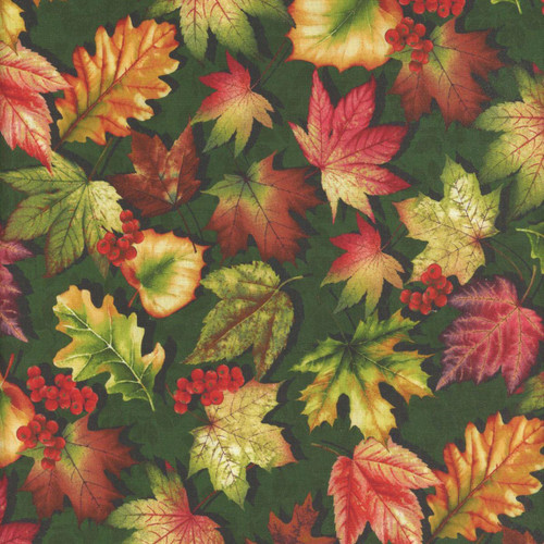Henry Glass Fabrics Oak and Berries Jan Mott Leaf Toss Green, fabric with autumn leaves and berry patterns in green, red, yellow, and orange colors.