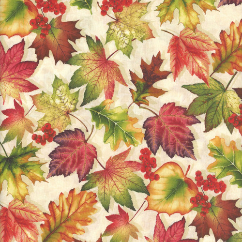 Henry Glass Fabrics Oak and Berries Jan Mott Leaf Toss Cream