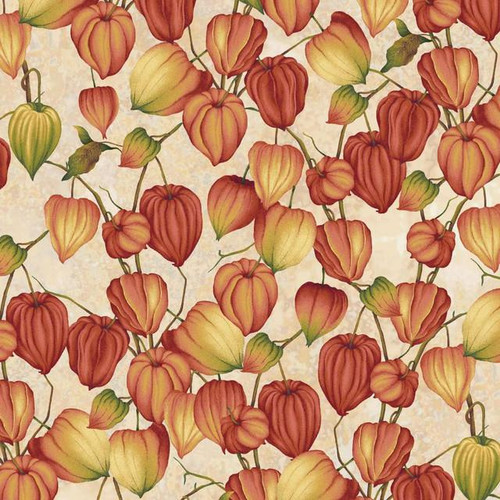 Henry Glass Fabrics Oak and Berries Jan Mott Chinese Lanterns Cream Multi, fabric with a pattern of pumpkin-like lanterns in shades of orange, yellow, and green on a cream background.