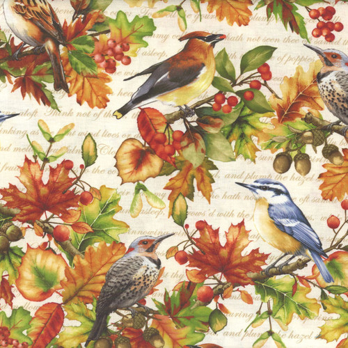 Henry Glass Fabrics Oak and Berries Jan Mott Allover Birds and Leaves Cream Multi