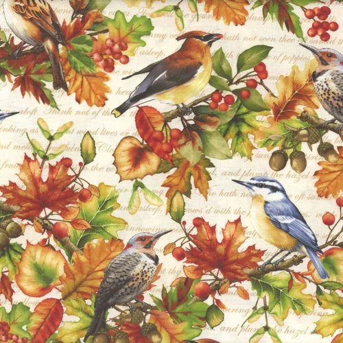 Henry Glass Fabrics Oak and Berries Jan Mott Allover Birds and Leaves Cream Multi